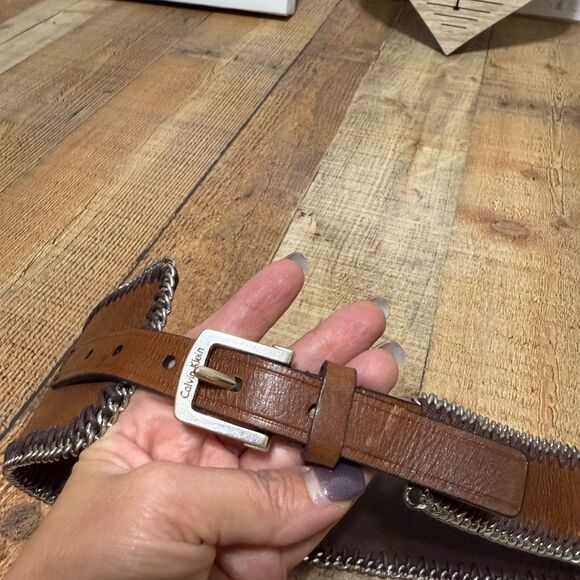 Calvin Klein Brown Leather Asymmetrical Wide Chain Trim Belt Size Large - Picture 10 of 11